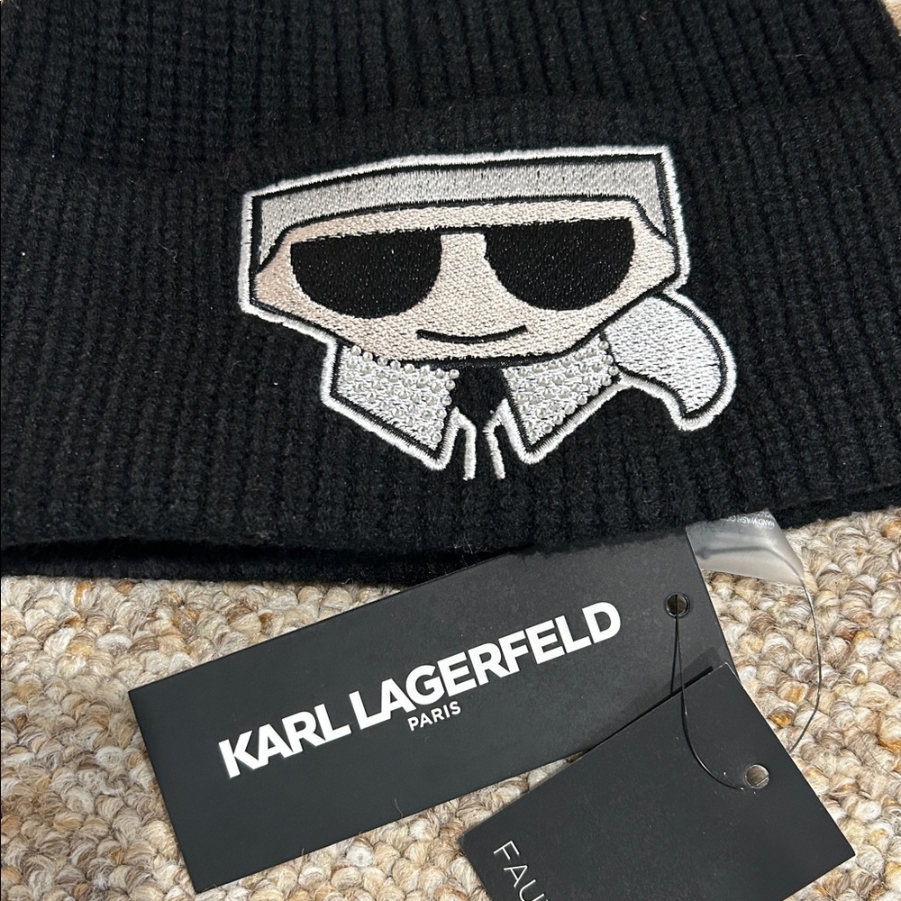 NWT Karl Lagerfeld Paris Black Beanie with Rinestones & Faux Fur Pom Pom - Picture 2 of 7